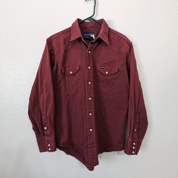 Vintage Men's Wrangler Button Snap Raw Hem Distressed Long Sleeves Work Shirt - Picture 6 of 7